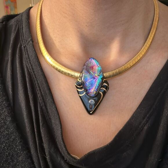 Vintage 70s Dichroic Glass Pendant Snakechain Gold Link Runway Necklace - Picture 3 of 4